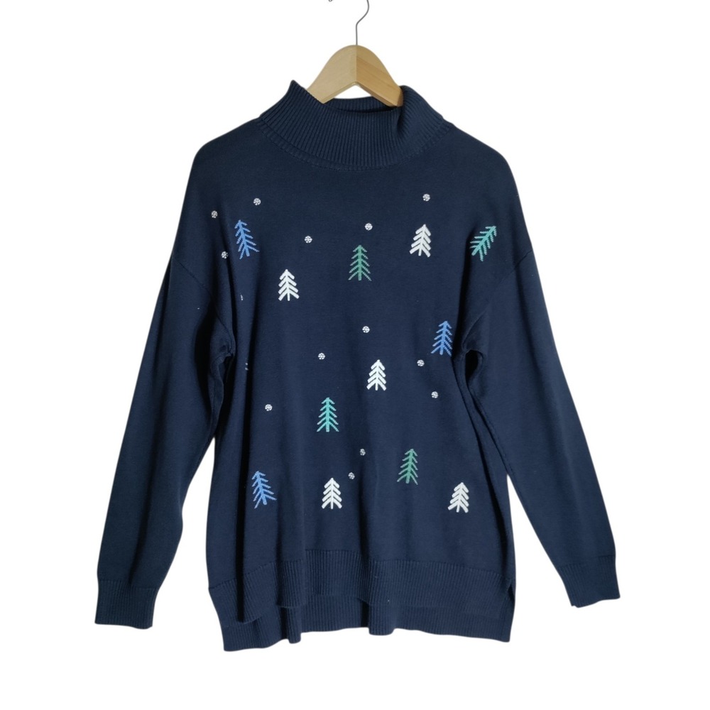 Christopher & Banks Blue Turtle Neck Sweater Size Large‎ Christmas Tree